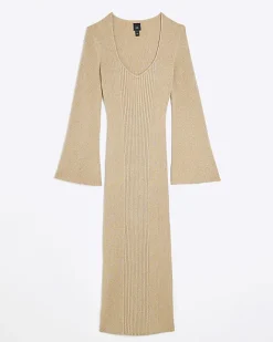 River Island Gold long sleeve jumper midi dress Yellow Hot