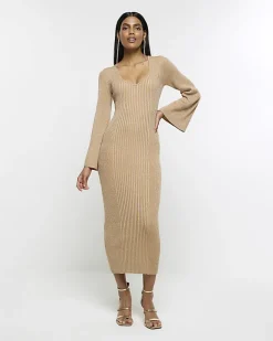River Island Gold long sleeve jumper midi dress Yellow Hot