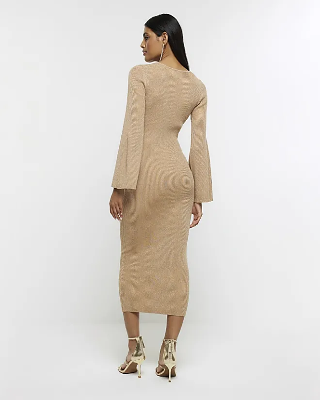 River Island Gold long sleeve jumper midi dress Yellow Hot