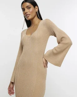 River Island Gold long sleeve jumper midi dress Yellow Hot