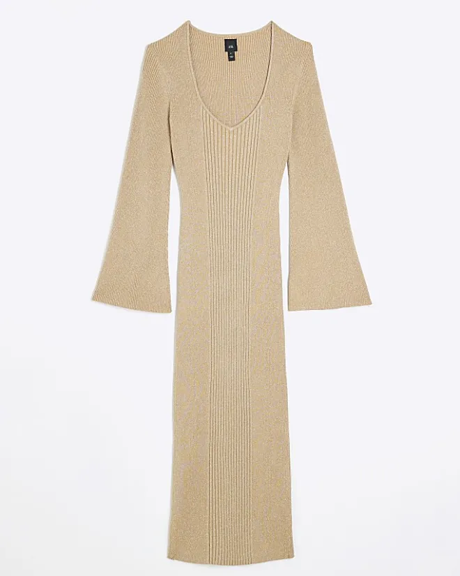 River Island Gold long sleeve jumper midi dress Yellow Hot