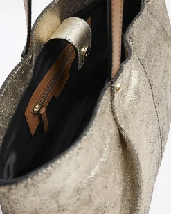 River Island Gold metallic leather tote bag Yellow Clearance