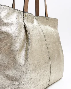 River Island Gold metallic leather tote bag Yellow Clearance