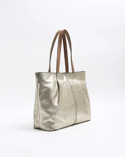 River Island Gold metallic leather tote bag Yellow Clearance