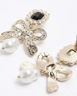 River Island Gold pearl bow drop earrings Yellow Hot