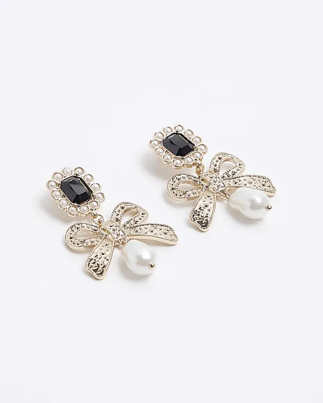 River Island Gold pearl bow drop earrings Yellow Hot