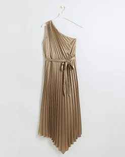 River Island Gold plisse asymmetric slip midi dress Yellow Clearance