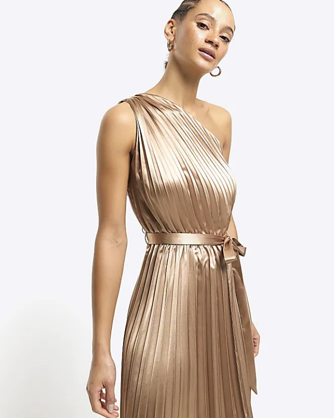River Island Gold plisse asymmetric slip midi dress Yellow Clearance