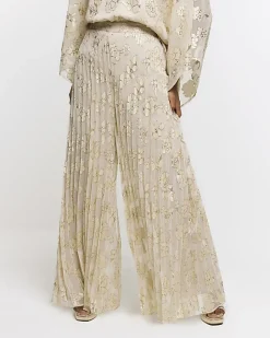 River Island Gold plisse glitter wide leg trousers Pink Best