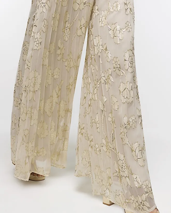 River Island Gold plisse glitter wide leg trousers Pink Best