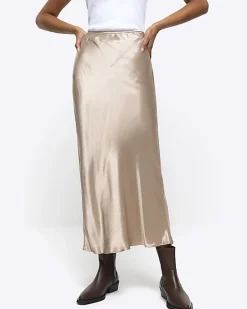 River Island Gold satin midi skirt Yellow Best