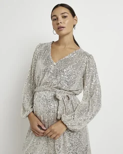 River Island Gold sequin maternity belted mini dress Yellow Clearance