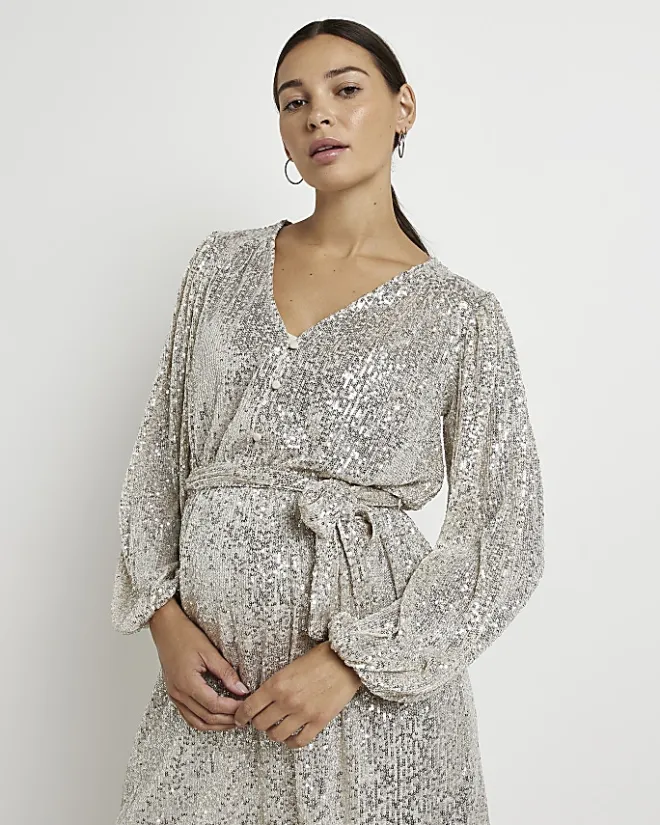 River Island Gold sequin maternity belted mini dress Yellow Clearance