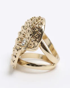 River Island Gold Shell Diamante Ring Yellow Outlet