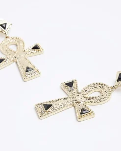 River Island Gold Textured Cross Drop Earrings Black Hot