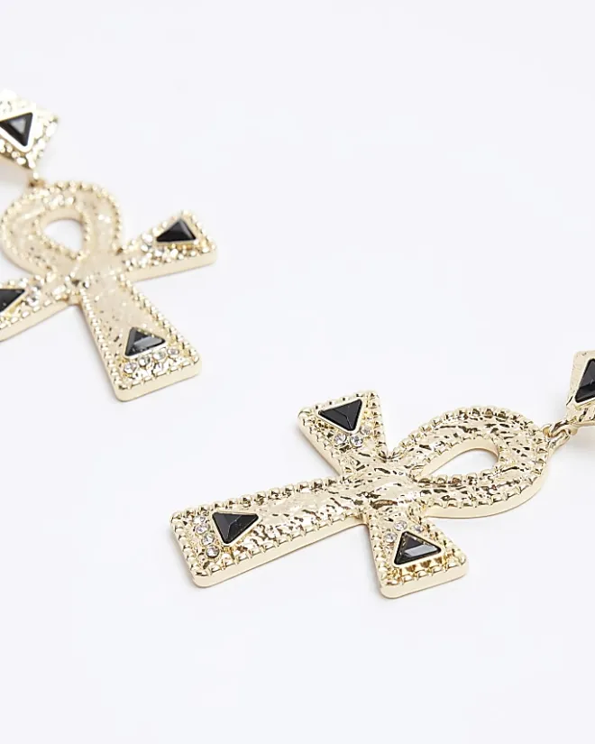 River Island Gold Textured Cross Drop Earrings Black Hot