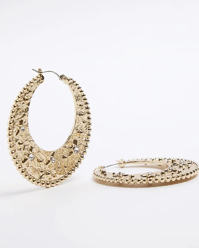 River Island Gold Textured Flat Hoop Earrings Yellow Online