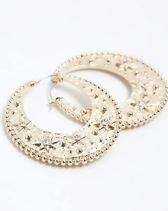 River Island Gold Textured Flat Hoop Earrings Yellow Online