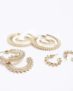 River Island Gold Textured Hoop Earrings Multipack Yellow Outlet