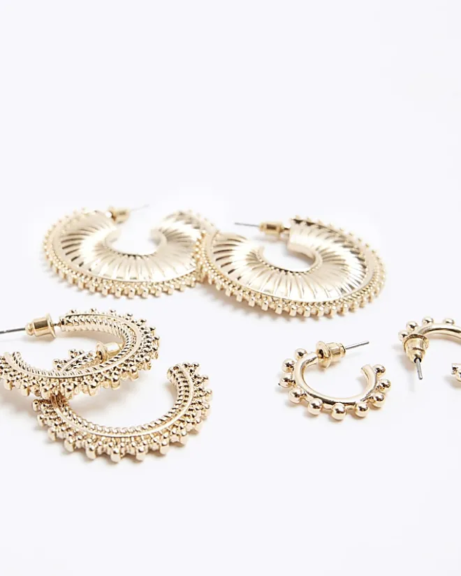 River Island Gold Textured Hoop Earrings Multipack Yellow Outlet