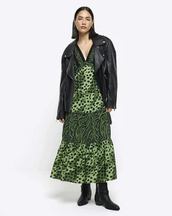 River Island animal print swing midi dress Green Clearance