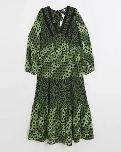 River Island animal print swing midi dress Green Clearance