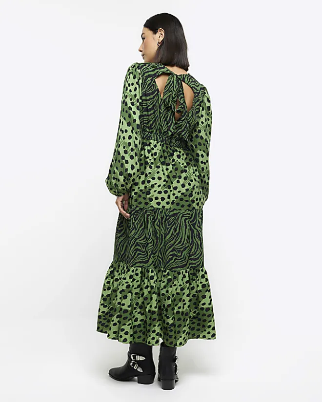 River Island animal print swing midi dress Green Clearance