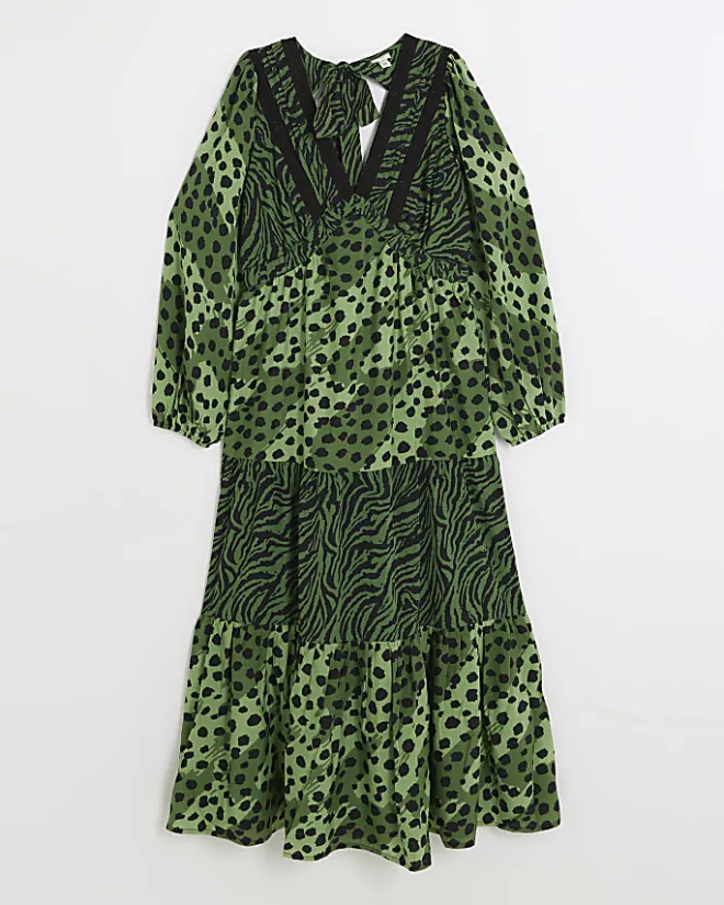 River Island animal print swing midi dress Green Clearance