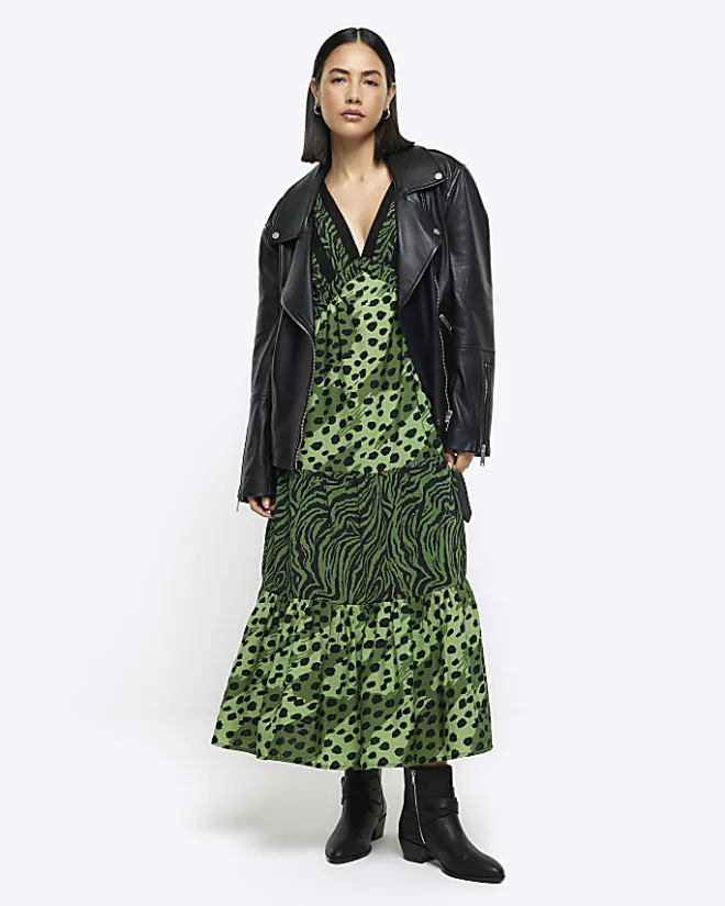 River Island animal print swing midi dress Green Clearance
