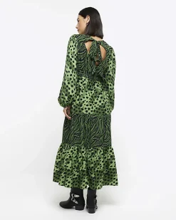 River Island animal print swing midi dress Green Clearance