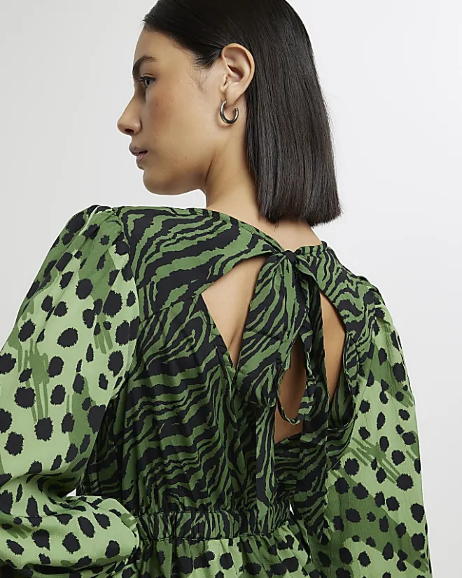River Island animal print swing midi dress Green Clearance