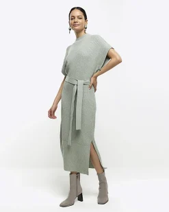 River Island belted high neck jumper midi dress Green New