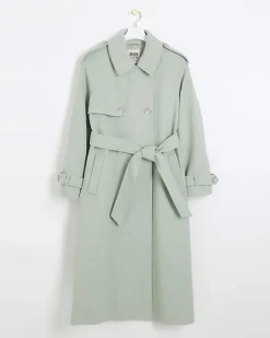 River Island belted longline trench coat Green Clearance