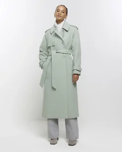 River Island belted longline trench coat Green Clearance
