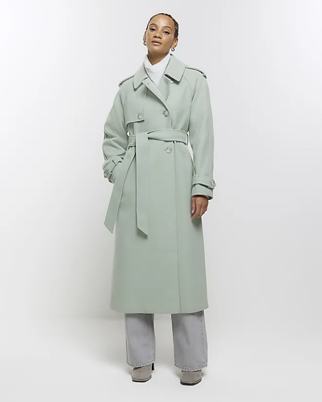 River Island belted longline trench coat Green Clearance