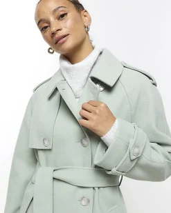 River Island belted longline trench coat Green Clearance