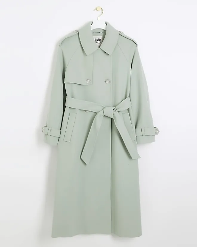 River Island belted longline trench coat Green Clearance