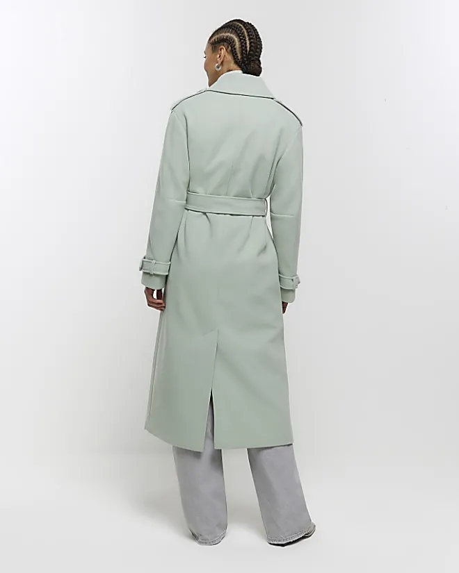 River Island belted longline trench coat Green Clearance