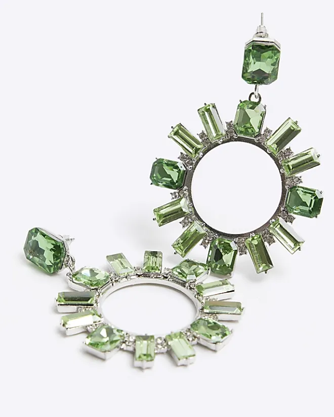 River Island diamante open circle stud earrings Green New