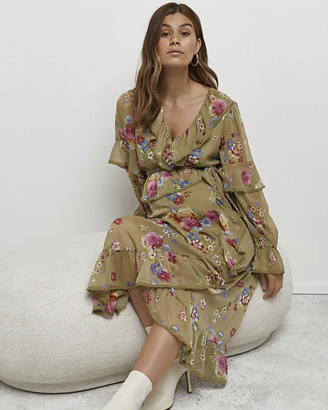 River Island floral maternity wrap midi dress Green Sale