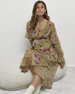 River Island floral maternity wrap midi dress Green Sale