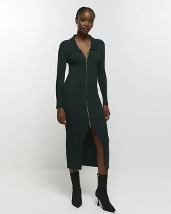 River Island knit zip bodycon midi dress Green Outlet