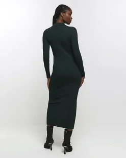 River Island knit zip bodycon midi dress Green Outlet