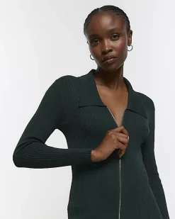 River Island knit zip bodycon midi dress Green Outlet
