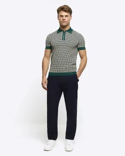 River Island muscle fit knit geometric polo Green Clearance