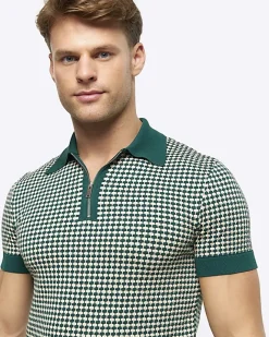 River Island muscle fit knit geometric polo Green Clearance