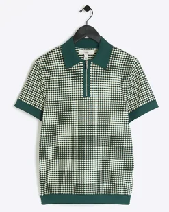 River Island muscle fit knit geometric polo Green Clearance