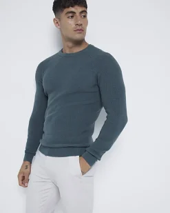 River Island muscle fit rib jumper Green Clearance