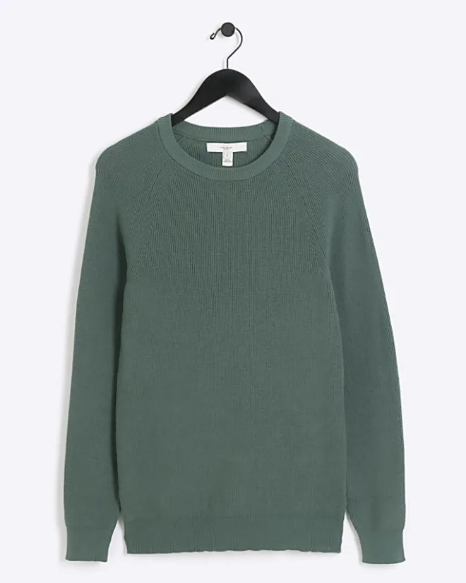 River Island muscle fit rib jumper Green Clearance