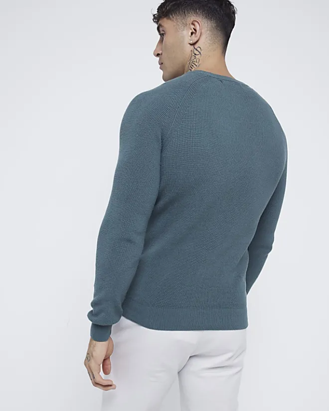 River Island muscle fit rib jumper Green Clearance